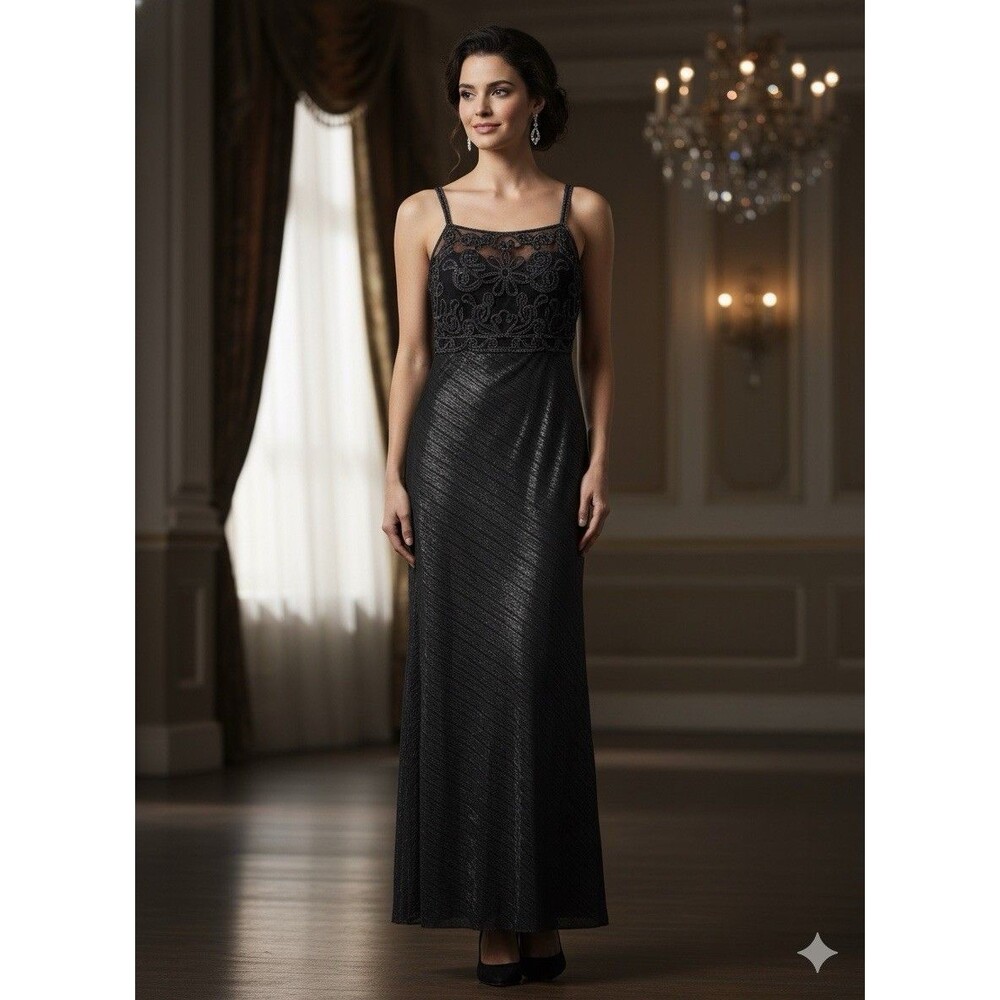 Dollar Black Embroidered Mesh Gown Scoop Neck Strappy Sleeveless Dress Medium
